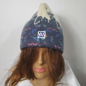 Retro 80's MURRAY MERKLEY 100% Wool Intarsia Geo Pattern Knit Beanie Hat Pom-Pom